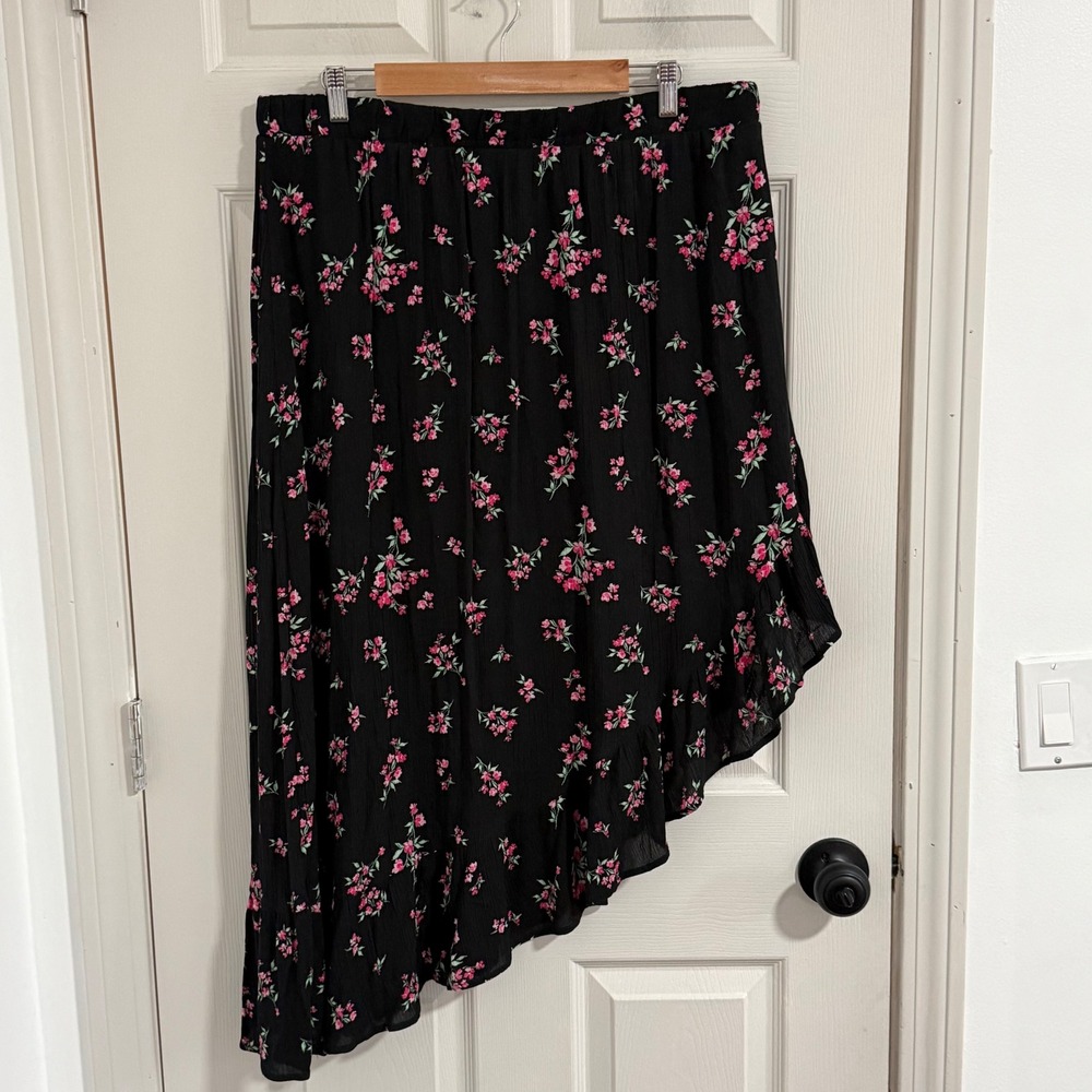 No Boundaries Womens XXL Black Pink Floral Asymmetric‎ High Low Ruffle Skirt